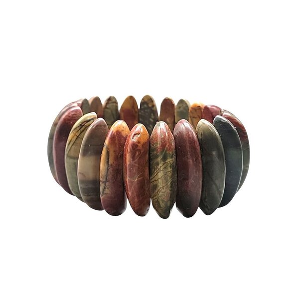 Natural Jasper Stretch Bracelet Multicolor Half Moon Wedges Green Red Orange 8" - Picture 11 of 15